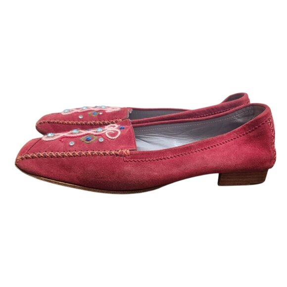 Bruno Magli Suede Embroidered Loafers Red Italy Square Toe Women’s Shoes Sze38.5 - Picture 5 of 12